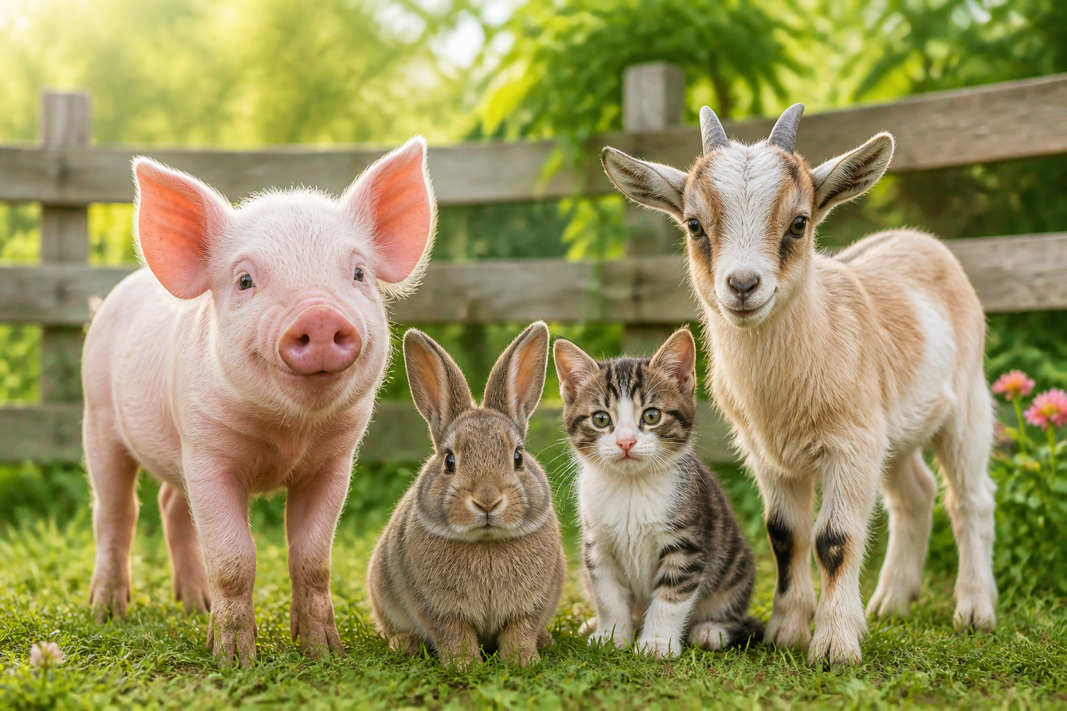 Pig, rabbit, kitten, and goat at the Tractor Supply event